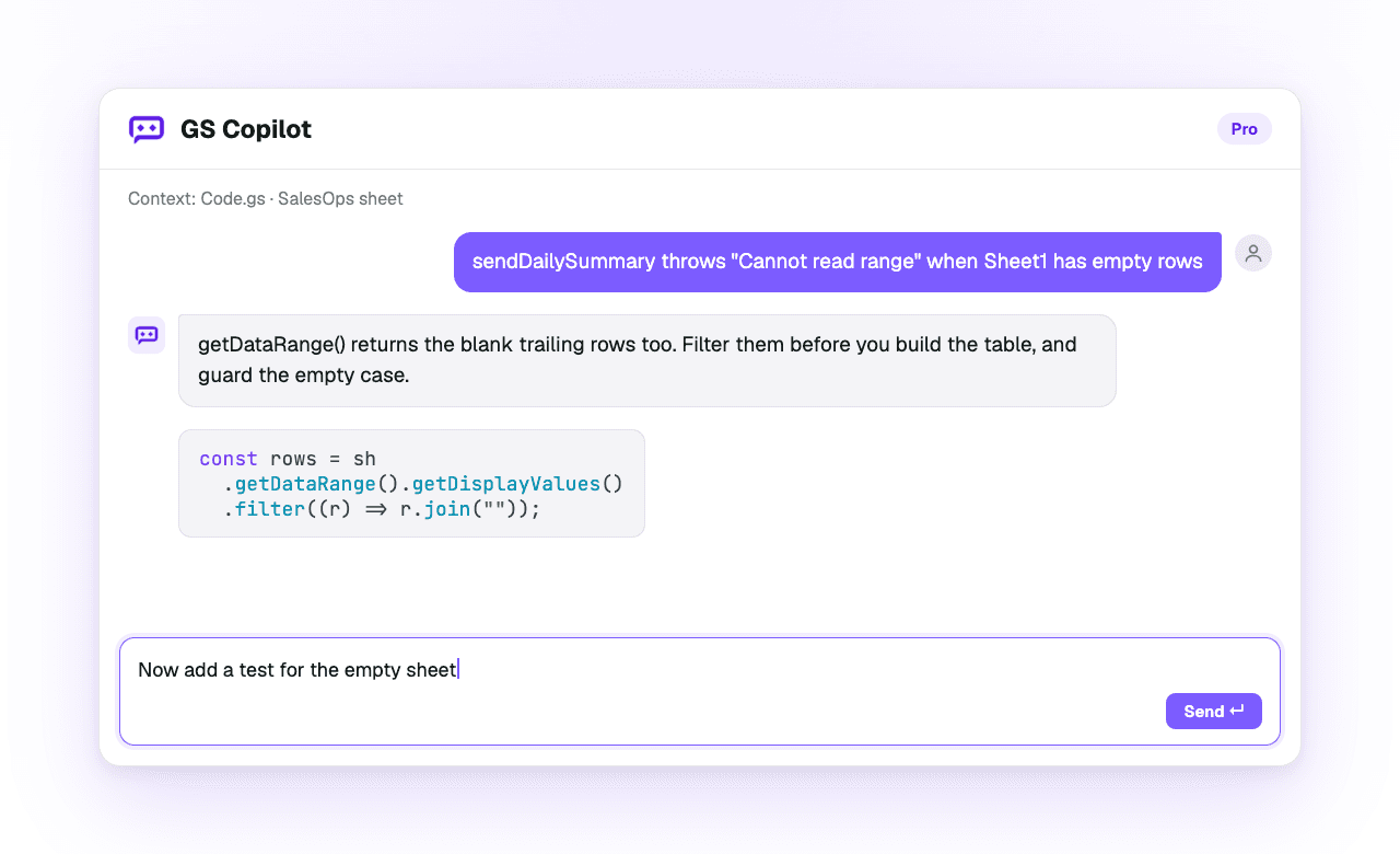 The Copilot panel answering a question about a runtime error and replying with a code snippet
