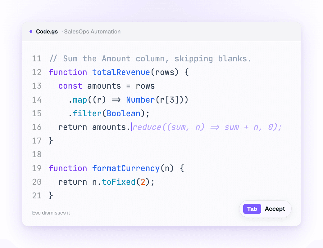 A half-written function with a greyed-out inline suggestion completing the line