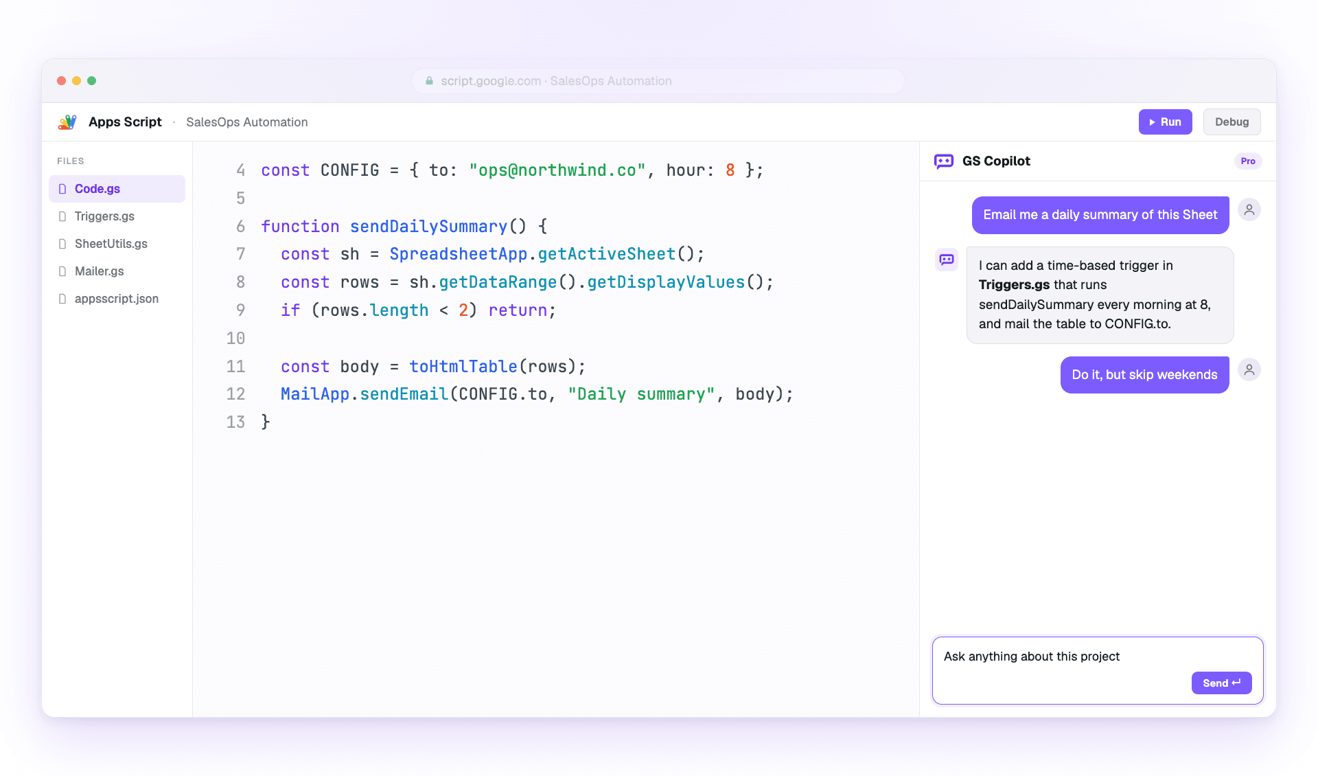 Google Apps Script Copilot open beside the editor on script.google.com