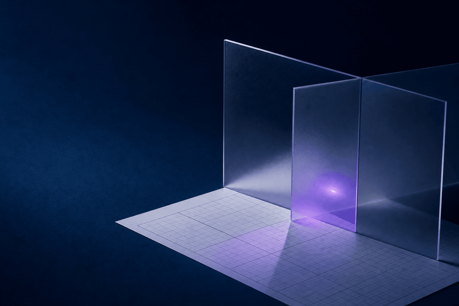 Frosted glass panes arranged over a paper grid in a midnight blue studio